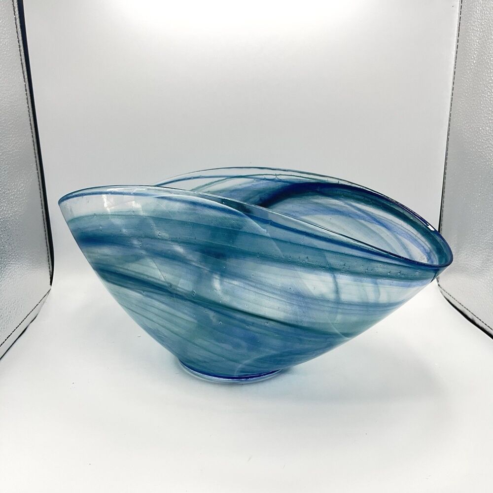 14"x7" Oval Blue Folded Satin Glass Bowl Lines Swirls - Picture 2 of 16